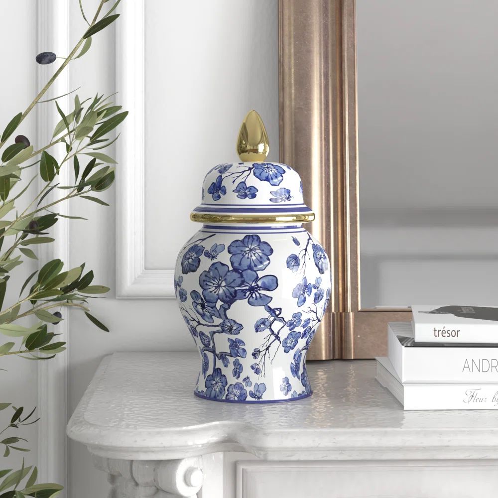 Kelly Clarkson Home Nina 14" Ceramic Temple Jar with Lid - Contemporary Vintage Style Blue and Wh... | Wayfair North America