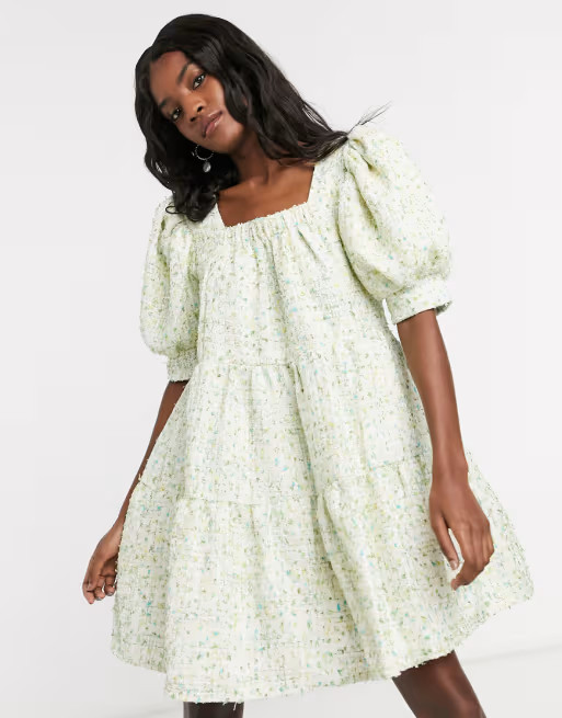 Sister Jane mini smock dress with puff sleeves in pastel tweed | ASOS (Global)