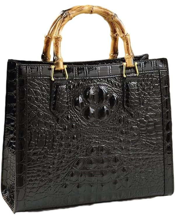 Crocodile Pattern Leather Women's Bag Real Bamboo Top-Handle Satchel Handbags Portable Tote Bag S... | Amazon (US)