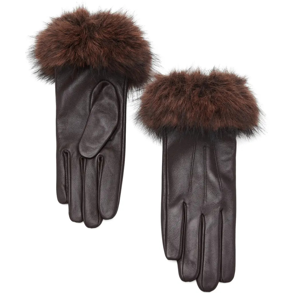 MANGO Faux Fur Trim Leather Gloves in Chocolate at Nordstrom, Size Small | Nordstrom