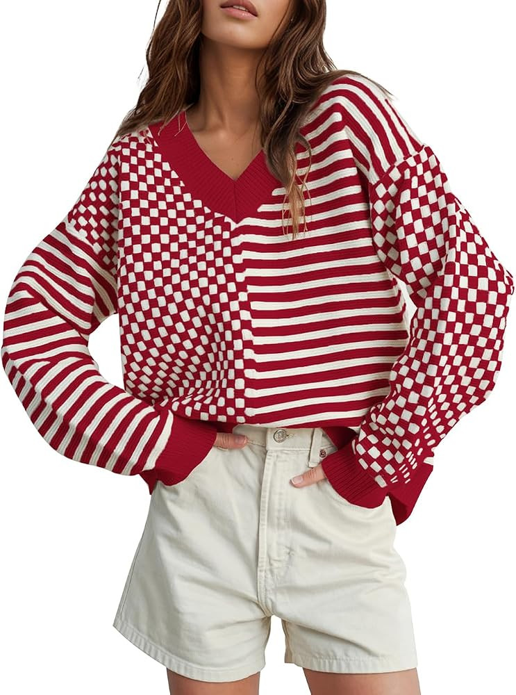 UNCLECAT Women's Striped Checkered Sweater 2024 V Neck Fall Sweaters Casual Knit Trendy Pullover ... | Amazon (US)