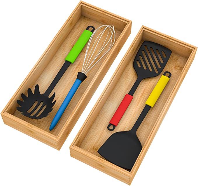 Bamboo Drawer Organizer Storage Box Kitchen - Wood Stackable Tray Utensil Organizer for Office Dr... | Amazon (US)