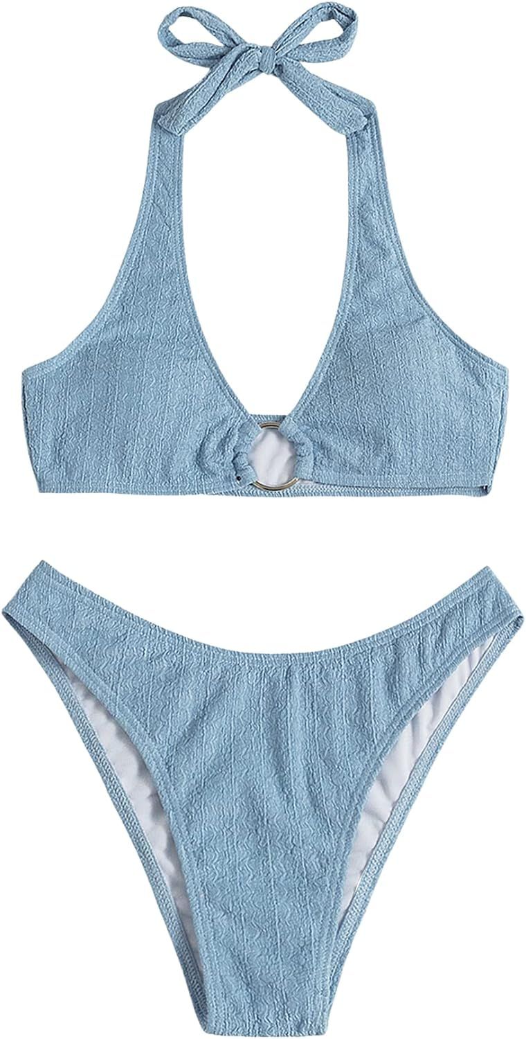 SweatyRocks Women's 2 Piece Swimsuit Solid Halter High Cut Bikini Bathing Suit | Amazon (US)