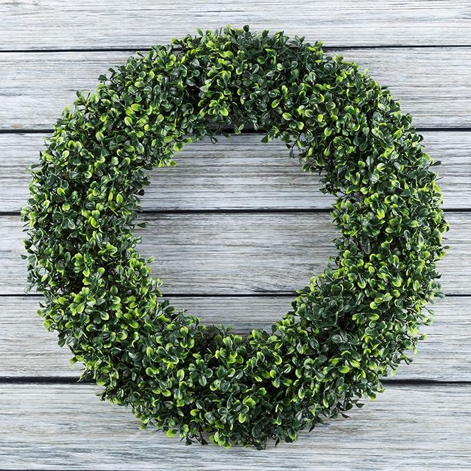 19.5-Inch Boxwood Wreath - Round UV Resistant Artificial Spring, Summer, Fall, or Winter Wreath -... | Amazon (US)