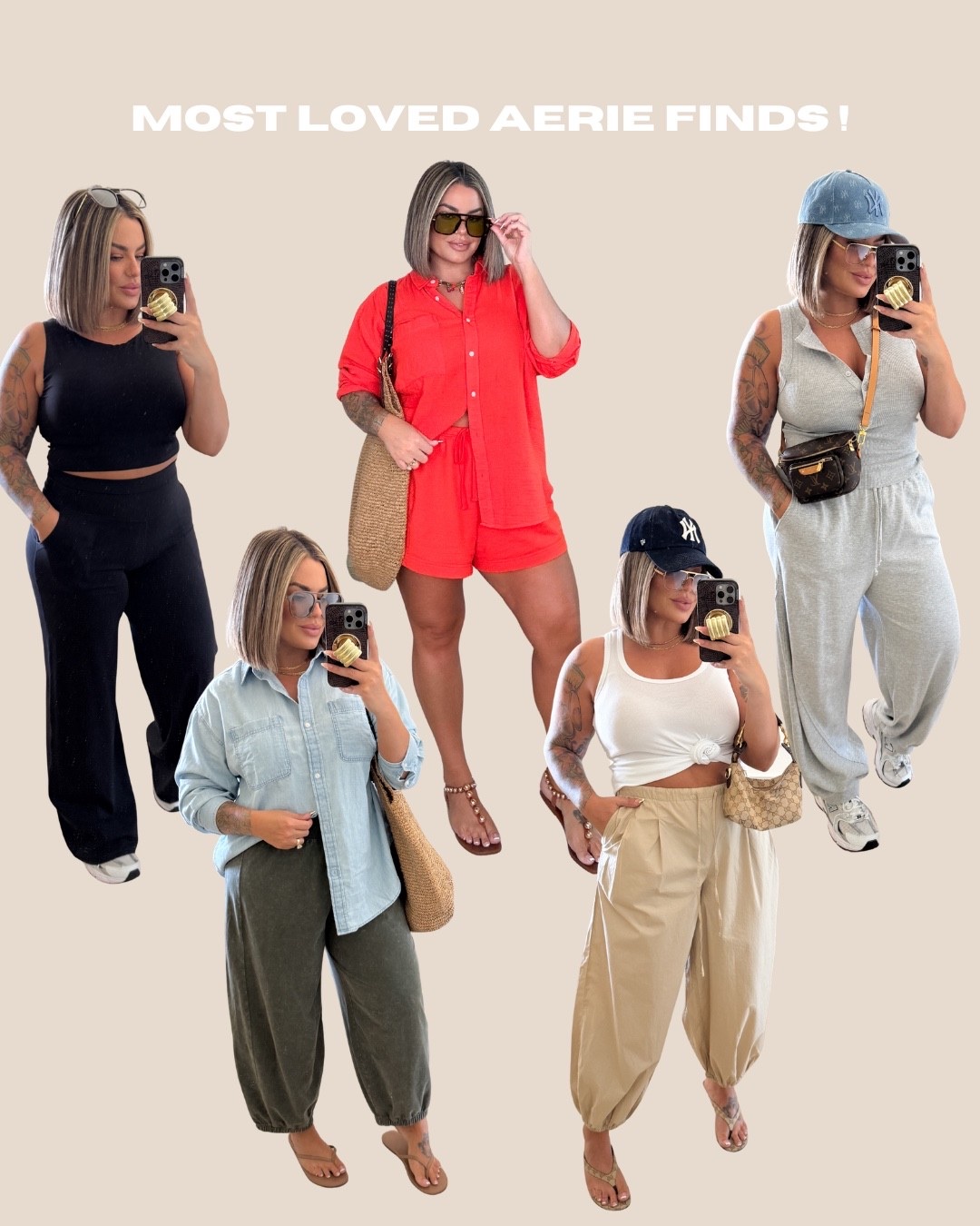 Black top xl 
Black pants L long 
Denim top M it’s very oversized 
Green pants L 
Red top xl 
Red shorts L could do M for sure 
Tan pants M size down !! 
White tank M 
Grey tank M 
Grey sweats L