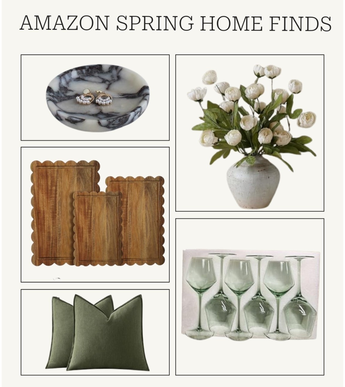 Amazon spring home finds 

#cuttingboard #pillowcover #marble #fauxfloral #wineglasses #homedecor

#LTKSeasonal #LTKSaleAlert #LTKHome
