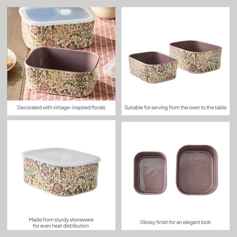Better Homes & Gardens Edith Vine Floral Stoneware Baking Dish Set with Lids, 4-Piece | Walmart (US)