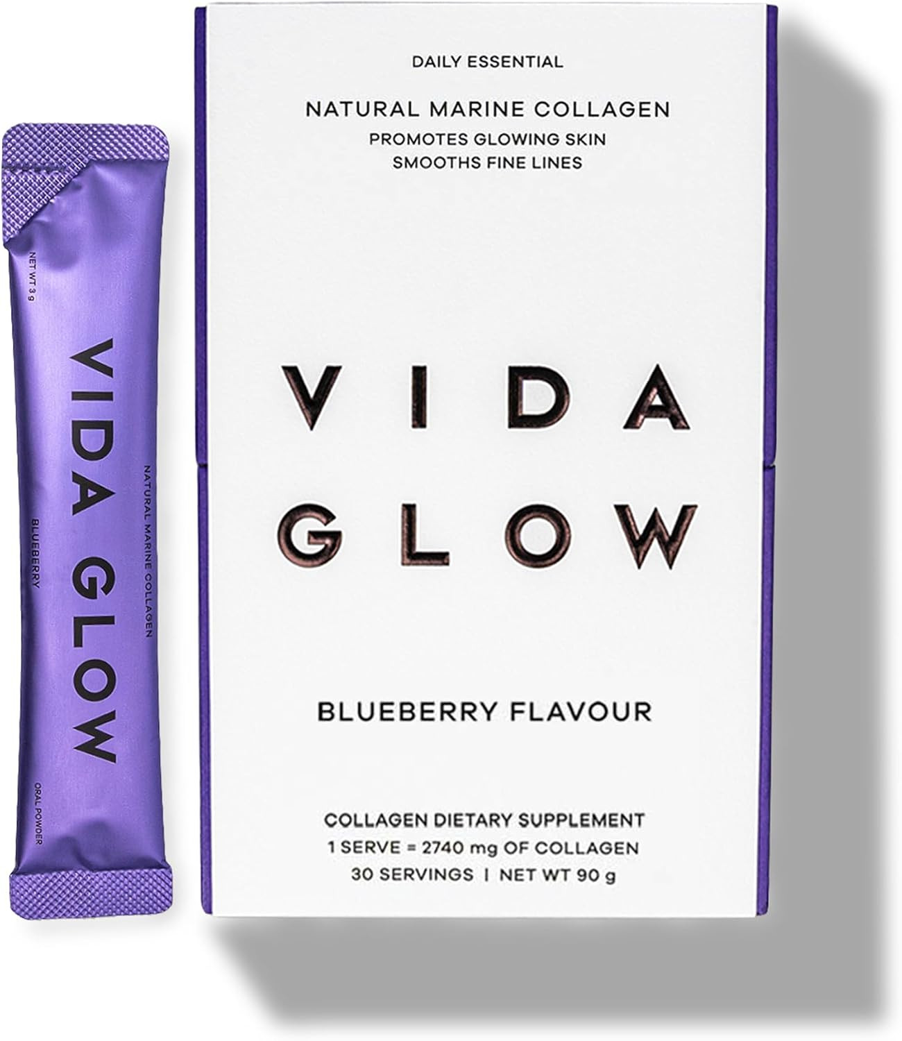 Vida Glow - Natural Hydrolysed Marine Collagen Sachets | Promotes Glowing Skin + Smooths Fine Lines (Blueberry, 30 Sachets) | Amazon (UK)