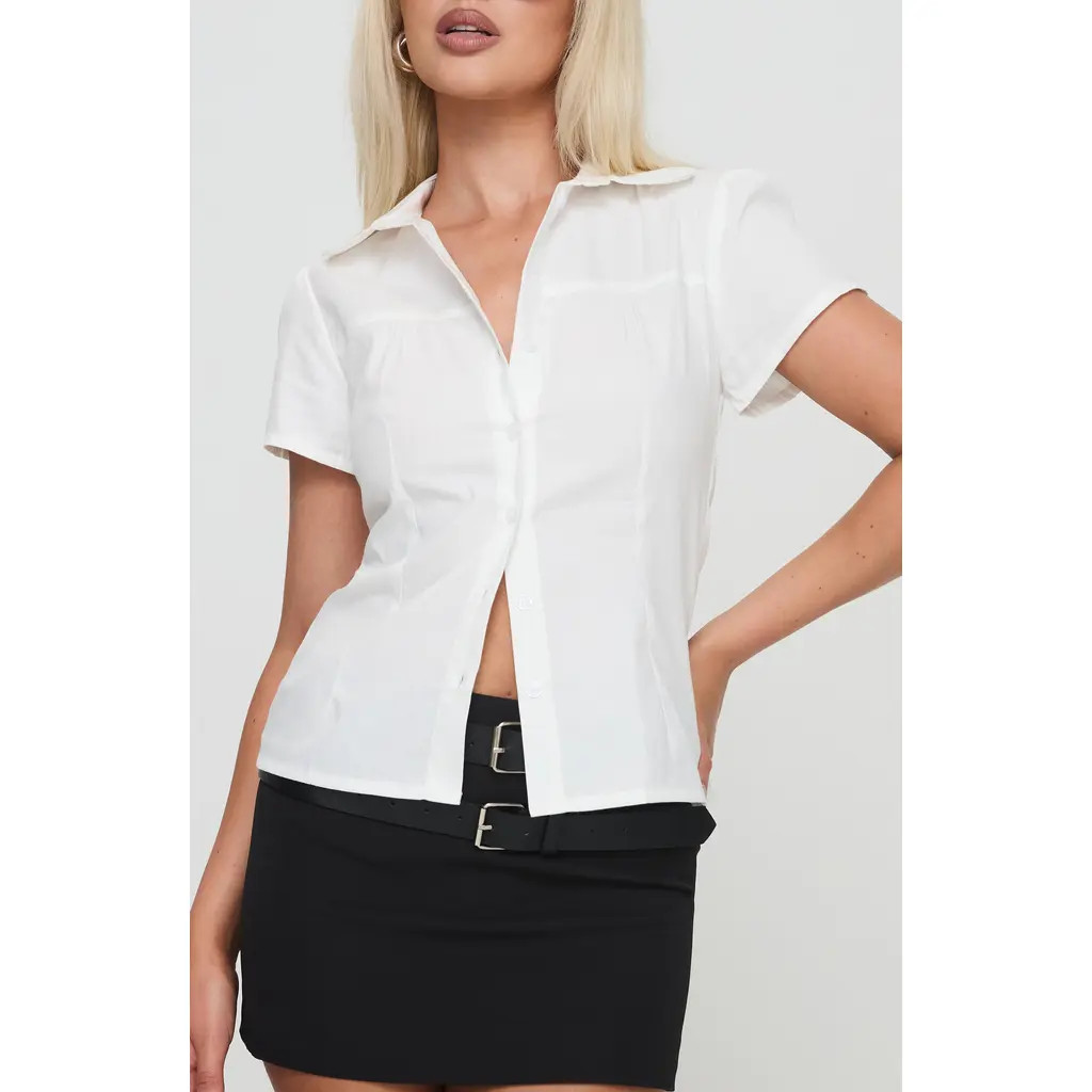 Princess Polly Reverie Short Sleeve Cotton Button-Up Shirt in White at Nordstrom, Size 0 | Nordstrom