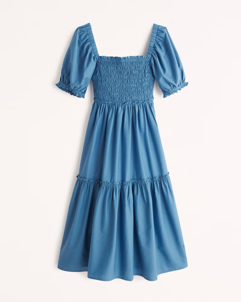 Puff Sleeve Smocked Bodice Midi Dress | Abercrombie & Fitch (US)