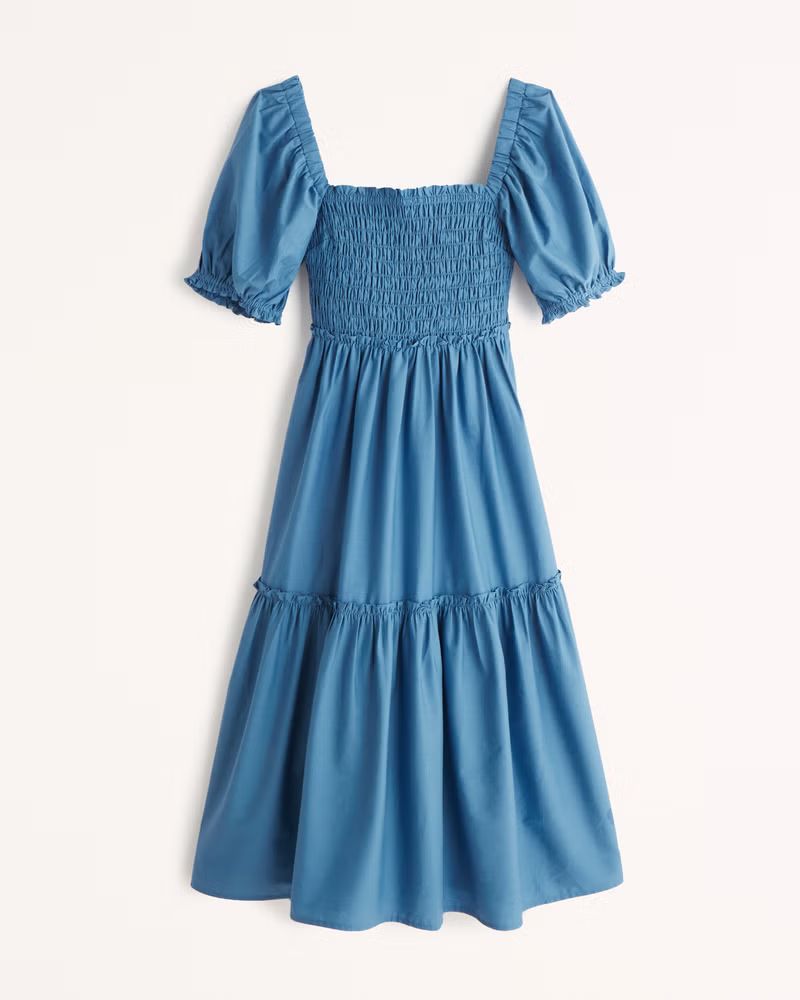 Abercrombie & Fitch Women's Puff Sleeve Smocked Bodice Midi Dress in Blue - Size M | Abercrombie & Fitch (US)