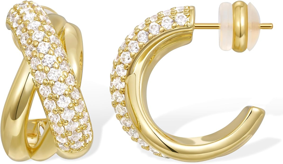 KissYan Hoop Earrings for Women, 14K Gold Plated Cubic Zirconia Triple Open Hoops C Shape Wrap Ea... | Amazon (US)