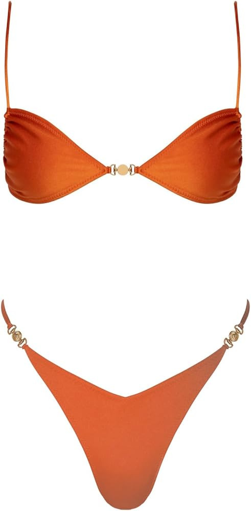 VOLAFA Women's Triangle Bikini Set Tie Solid Sexy Thong Cheeky Two Piece Swimsuit Bathing Suit | Amazon (US)