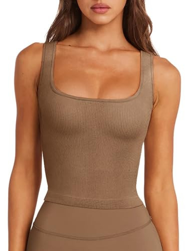 LASLULU Sexy Sports Bras for Women Backless Cropped Workout Athletic Yoga Tops Ribbed Knit Square Neck Running Gym Bra Summer Long Tank Top 2025(Brown Medium) | Amazon (US)