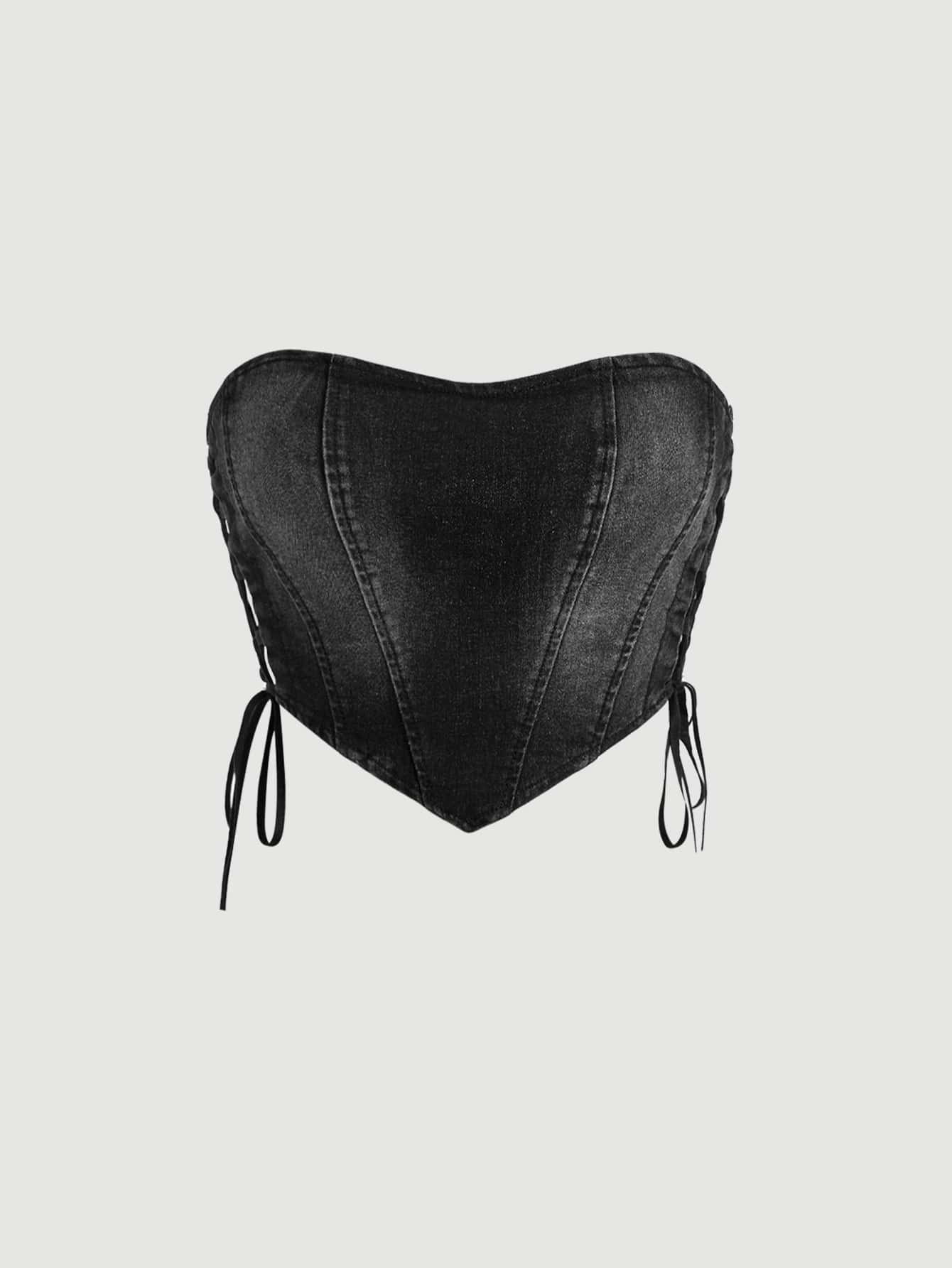 SHEIN MOD Hanky Hem Lace Up Side Tube Denim Top | SHEIN