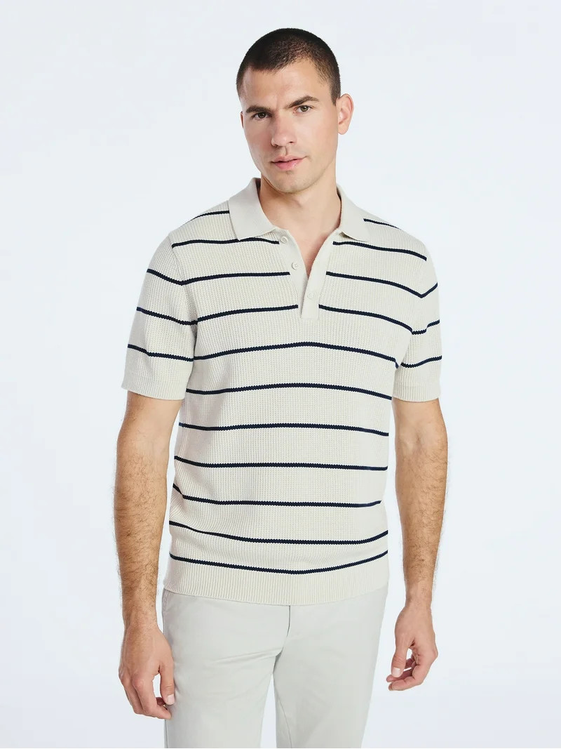 Free Assembly Men's Textured Stripe Polo Sweater with Short Sleeves, Sizes S-3XL | Walmart (US)