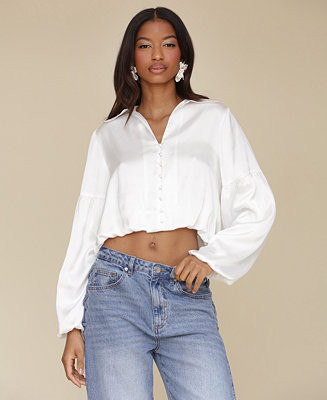Women's Cropped Bubble-Sleeve Shirt | Macy's
