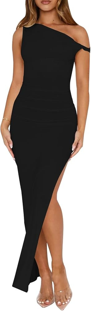 Ekaliy Women's Sexy Ruched Bodycon Dress Sleeveless Off Shoulder Slit Cocktail Maxi Dresses | Amazon (US)