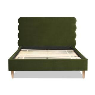 Stockholm Olive Green Performance Velvet Frame Queen Platform Bed with Wavy Headboard | The Home Depot