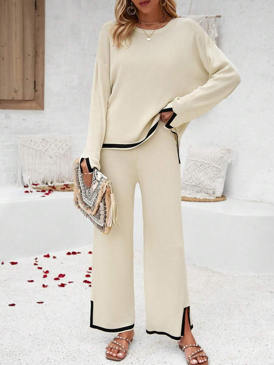 LocalColor Block Trim Casual Knit Top & Pants Set | SHEIN