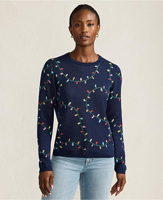 Lands' End Women's Fine Gauge Cotton All Over Jacquard Crew Neck Sweater - Macy's | Macy's