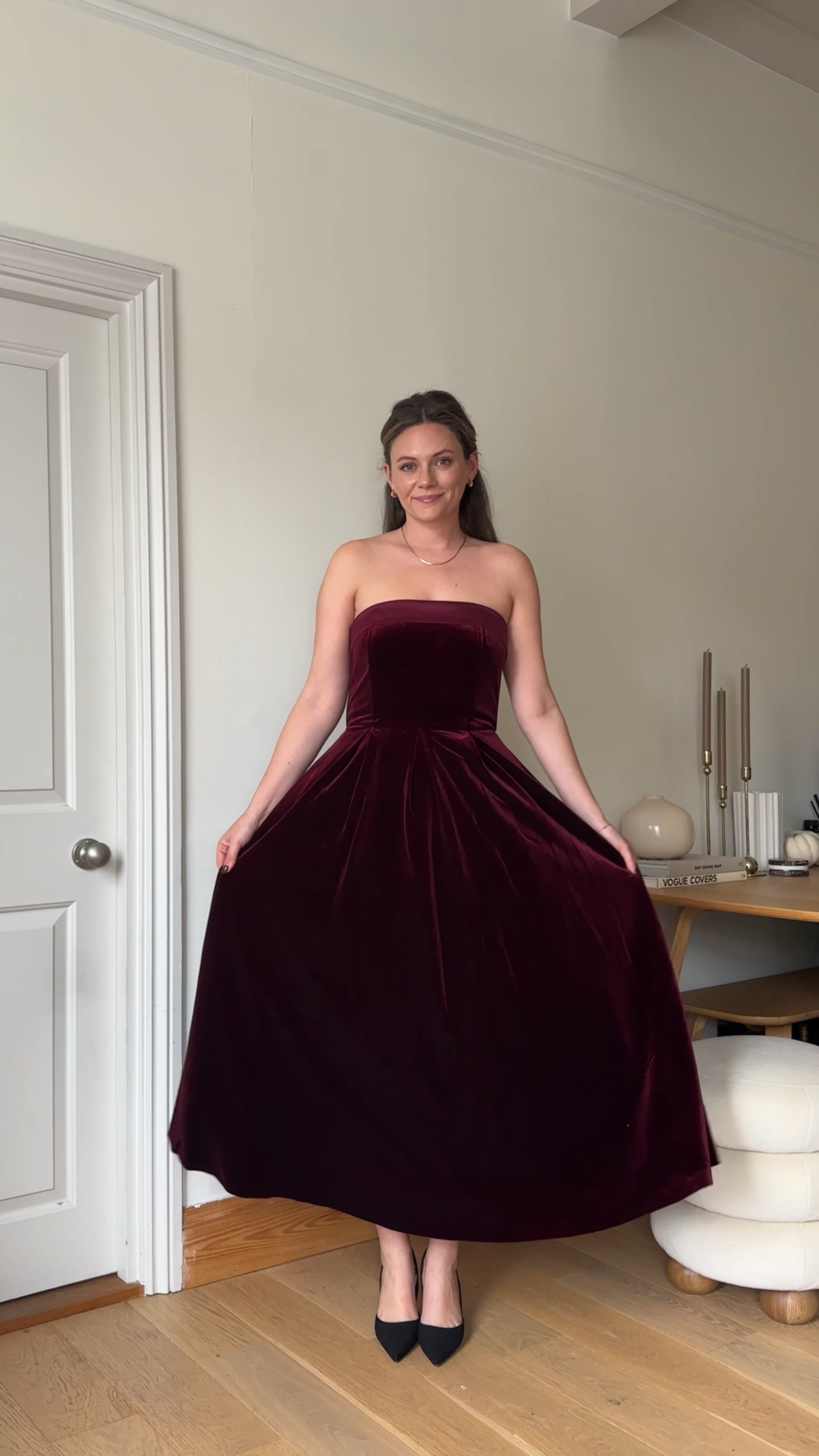 Party dresses / winter wedding dress inspo / velvet / feathers jumpsuit burgundy dressed Christmas party nye New Year’s Eve outfits 