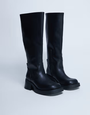 Topshop Rachel knee high chunky heeled boot in black | ASOS (Global)