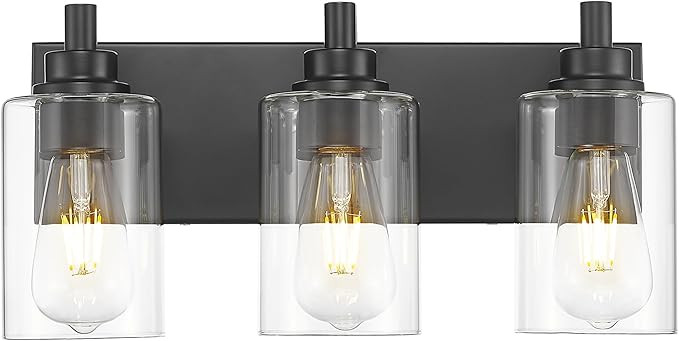 3-Light Bathroom Light Fixtures, Black Vanity Light with Cylinder Clear Glass Shade, Modern Vanit... | Amazon (US)