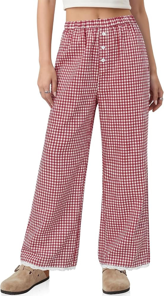 TARSE Womens Linen Gingham Wide Leg Lace Trim Pants | Amazon (US)