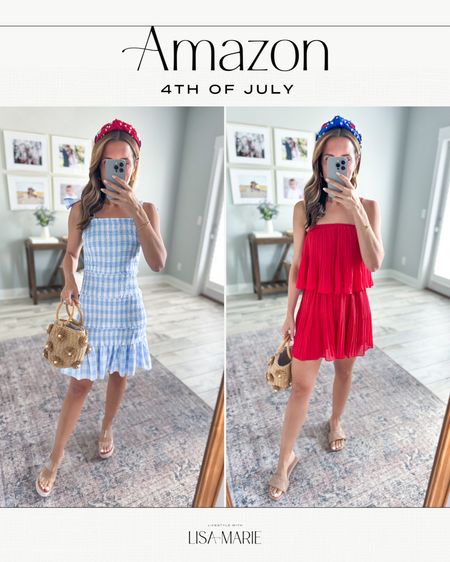 Amazon Fourth of July outfits. 4th of July. Gingham dress in small with adjustable tie straps. Pleated romper in XS with elastic waist and adjustable straps. Shoes are TTS. 4th of July headbands. Summer outfits. Vacation outfits. Summer dress. Summer romper. 

#LTKTravel #LTKShoeCrush #LTKFindsUnder50