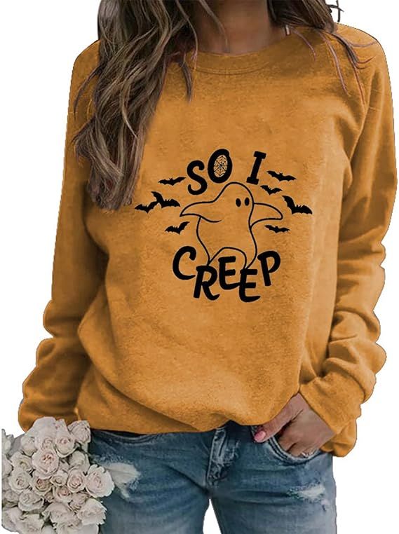 So I Creep Womens Halloween Sweatshirt, Cute Ghost Bats Funny Graphics Pullover Fall Long Sleeve ... | Amazon (US)