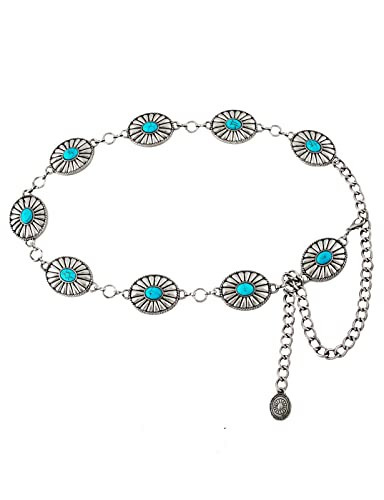 BEMYLV Silver Turquoise Concho Belts for Women Western Metal Cowgirl Chain Belts for Dresses Jeans Country concert Outfit | Amazon (US)