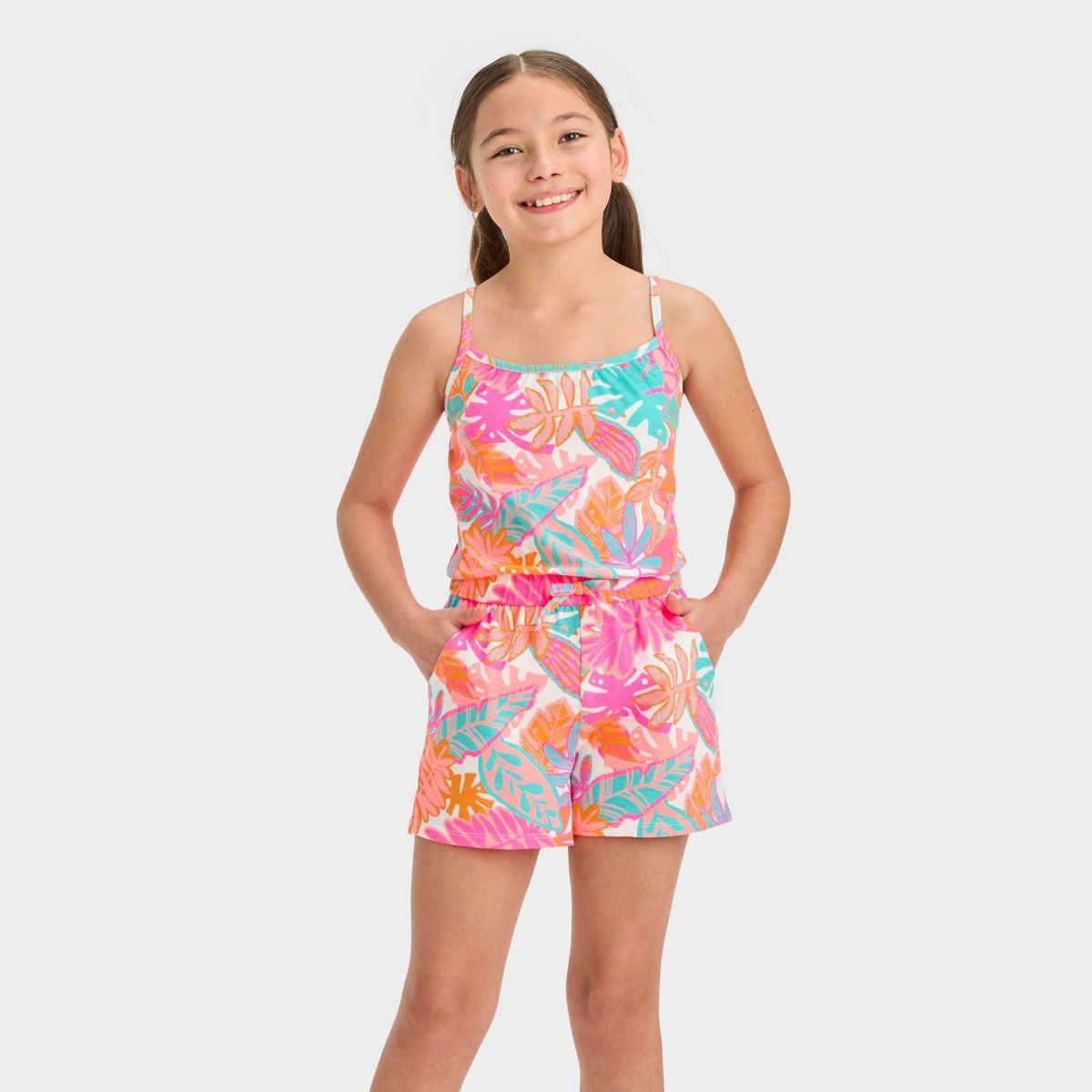 Girls' Sleeveless Tropical Floral Knit Romper - Cat & Jack™ L | Target