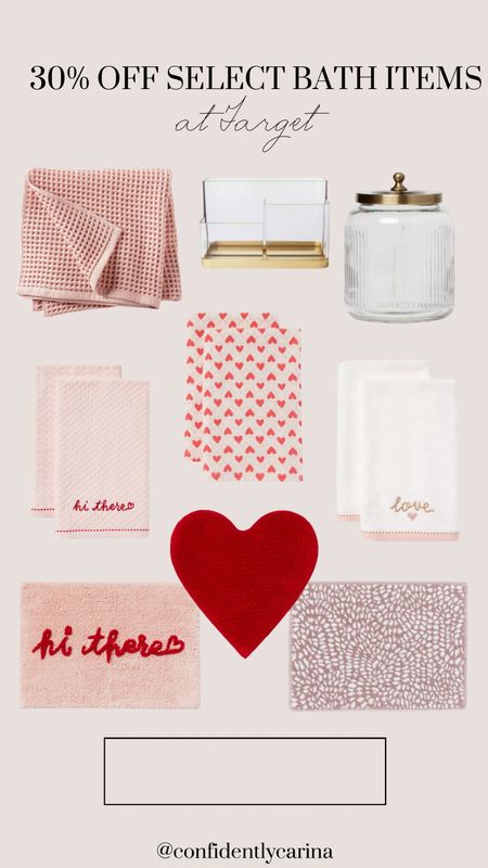 Sharing some of the cutest bath items that are 30% off at Target right now! How adorable are some of these to decorate for Valentine’s Day🩷

Bathroom refresh, bathroom inspo, bathroom decor, valentines decor, Valentine’s Day inspo

#LTKhome #LTKSeasonal #LTKsalealert