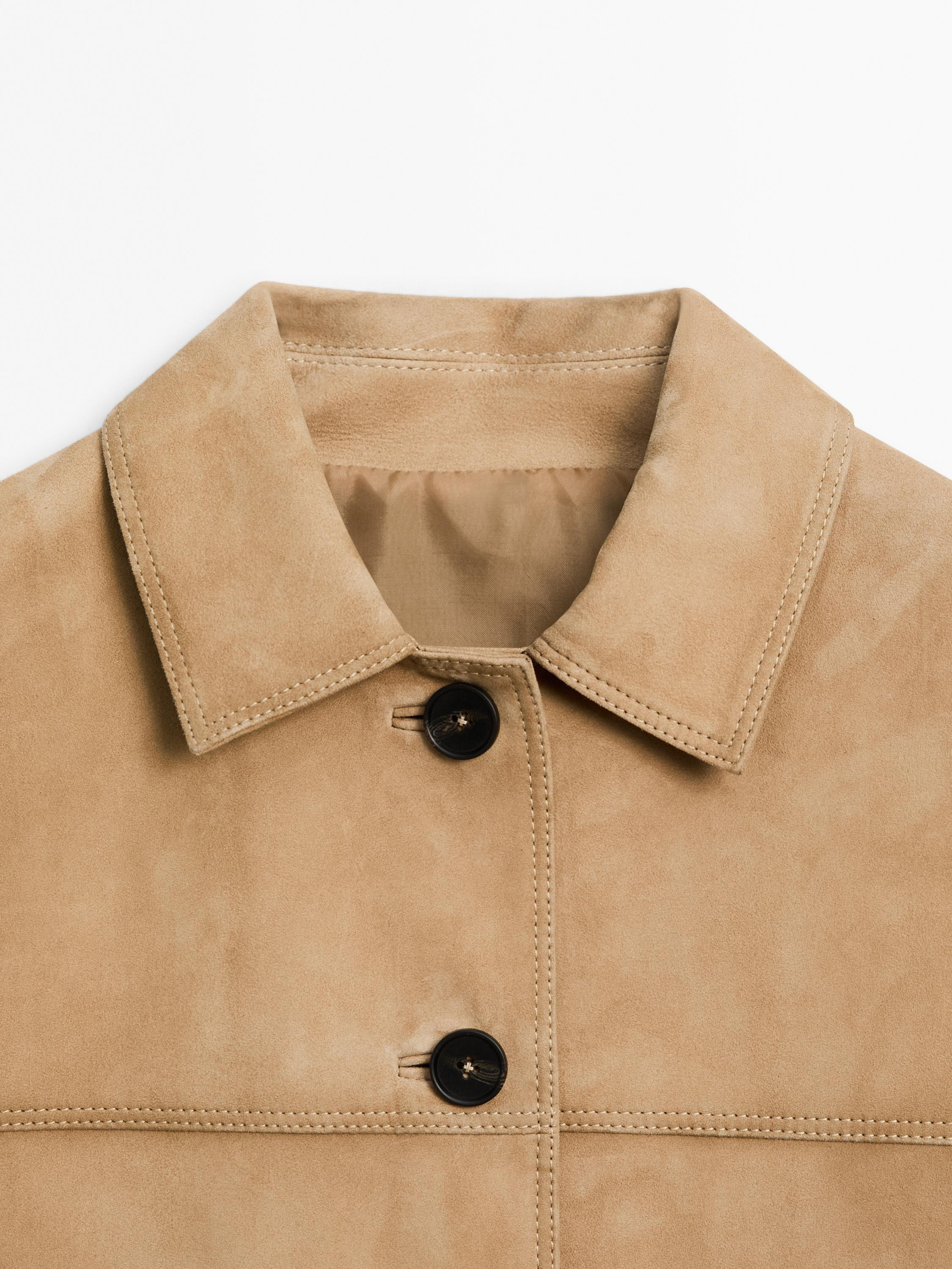 Short suede leather jacket with topstitching | Massimo Dutti UK