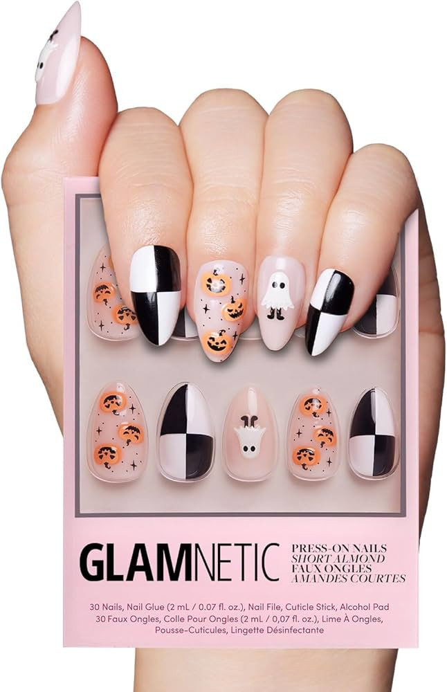 Glamnetic Press On Nails - My Boo | Halloween Graphic Multicolor Pumpkin, Ghost & Checkered Short... | Amazon (US)