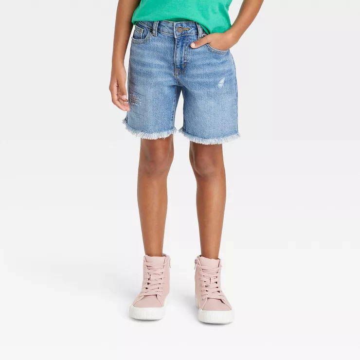 Girls' Destructed Relaxed Midi Jean Shorts - Cat & Jack™ Medium Wash | Target