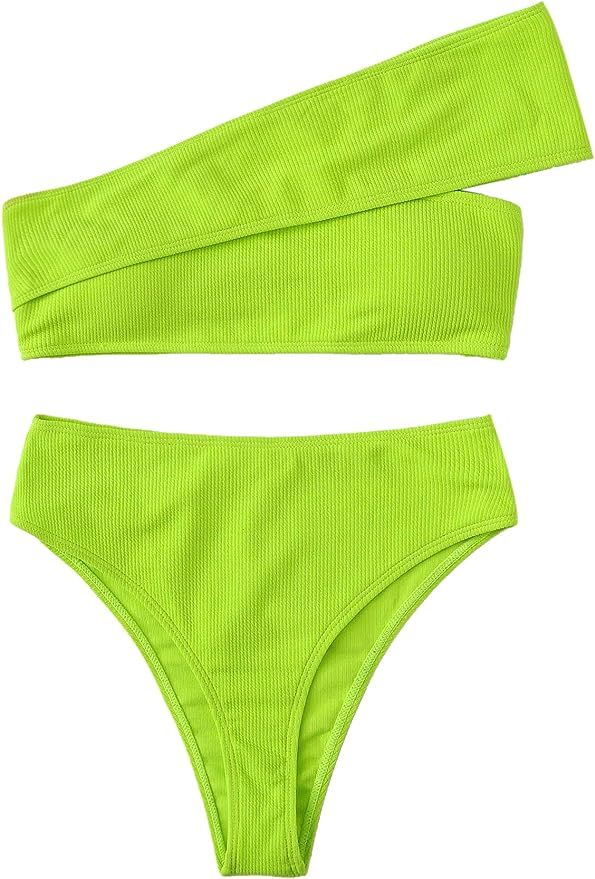 SweatyRocks Women's Bathing Suits One Shoulder Ribbed Bikini Set High Waisted Swimsuits Green Sma... | Amazon (US)