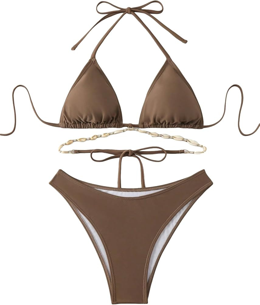 Women's 2 Piece Shell Decor Bikini Halter Tie Side Triangle Set High Cut Bikini Swimsuit Bathing ... | Amazon (US)