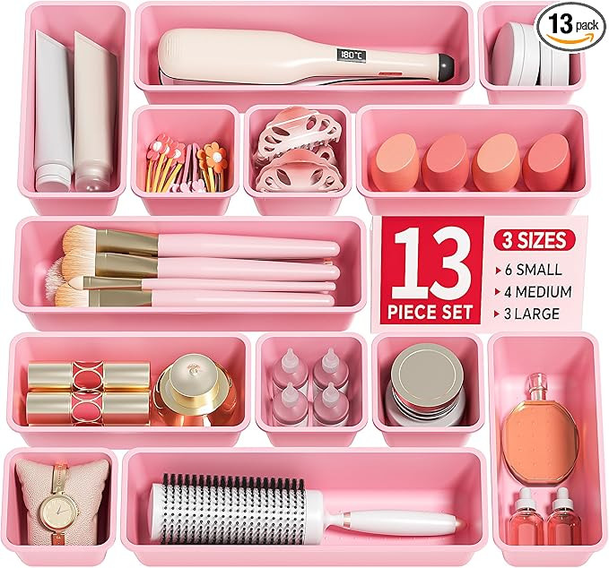13 Pack Plastic Drawer Organizers Set, 3 Sizes Desk Drawer Organizer Trays for Vanity and Makeup ... | Amazon (US)