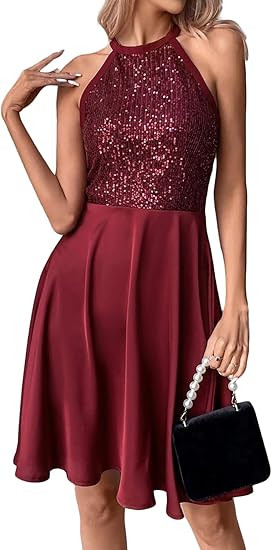 Rooscier Women's Satin Sequin Halter Sleeveless Ruffle A Line Cocktail Midi Dress | Amazon (US)