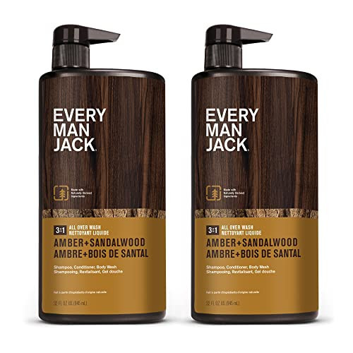 Every Man Jack Men’s Cleansing 3-in-1 All Over Wash for All Skin and Hair Types - Amber + Sandalwood Scent - Cleanse and Nourish Skin and Hair with Naturally Derived Soy Proteins, Aloe - 32 fl oz (2 Pack) | Amazon (US)