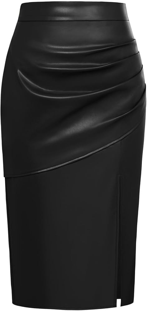 Kate Kasin 2024 Women's Faux Leather Skirts Front Slit Ruched Tummy Control High Waist Bodycon Mi... | Amazon (US)