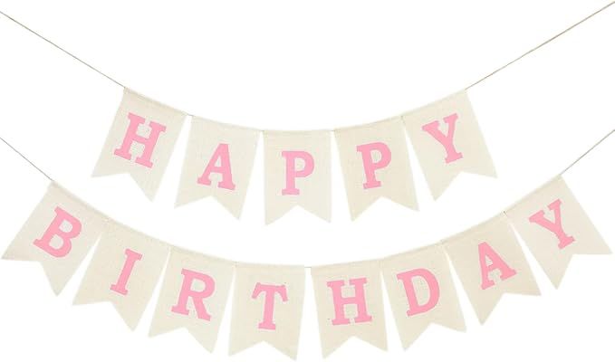 Burlap Happy Birthday Banner, Assembled Reusable Pink Happy Birthday Sign for Rustic Birthday Par... | Amazon (US)