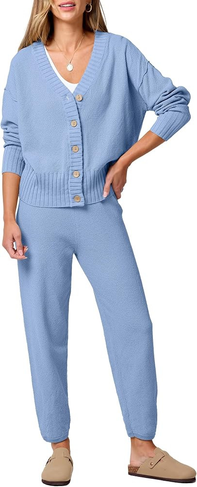 ANRABESS Women 2 Piece Lounge Sets 2025 Fall Outfits Casual Waffle Knit Cardigan Sweater Pant Set... | Amazon (US)
