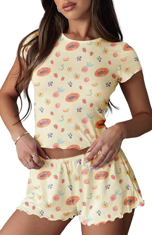 Cioatin Women 2 Pieces Pajama Sets Y2K Summer Floral Fruit Print Lounge Set Short Sleeve Crop Top... | Amazon (US)