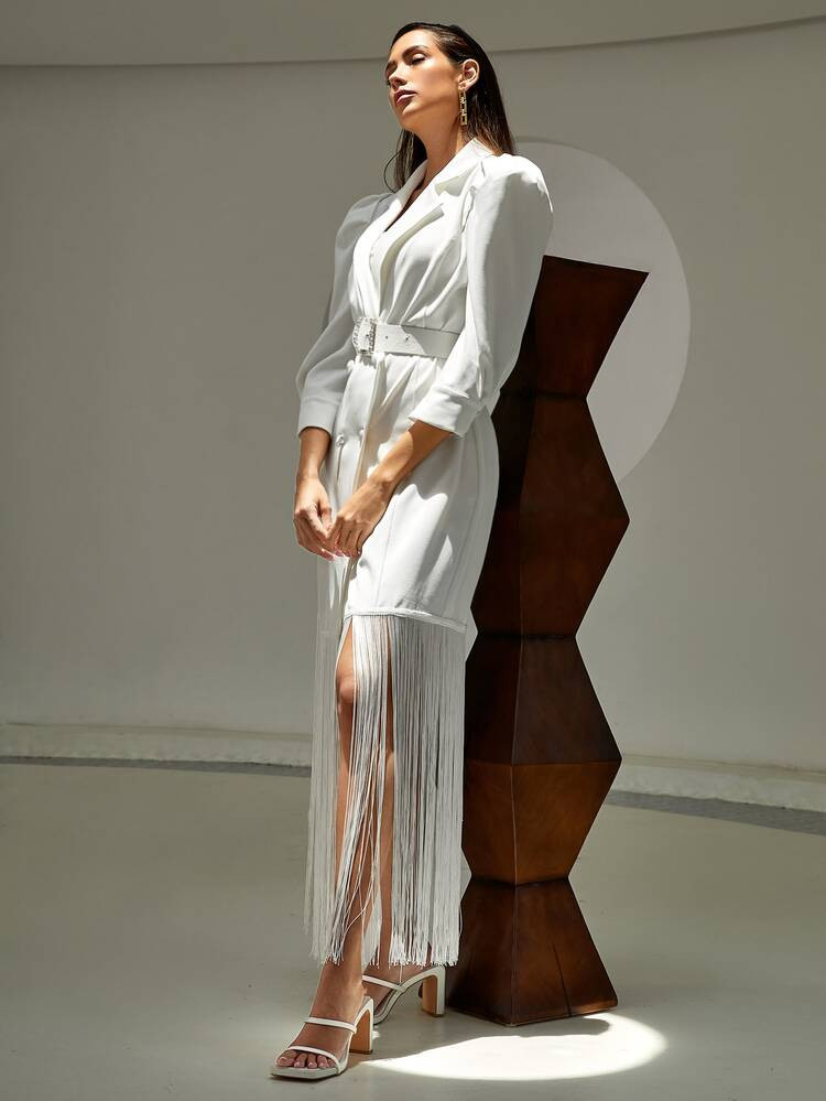 SHEIN Gigot Sleeve Double Breasted Fringe Trim Belted Dress | SHEIN