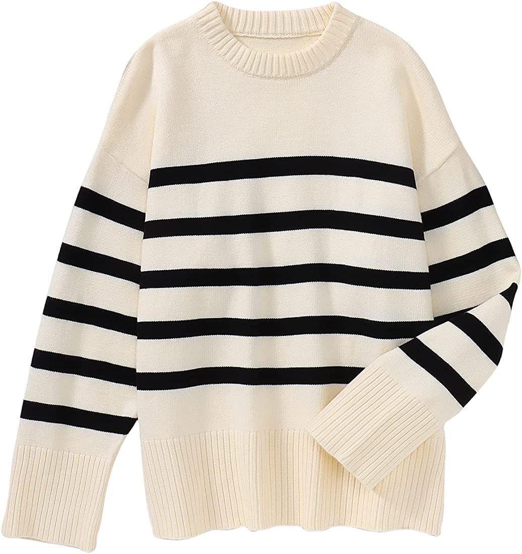 BOUTIKOME Women's Striped Sweater Black and White Striped Sweater Side Slit Knit Long Sleeve Crew... | Amazon (US)