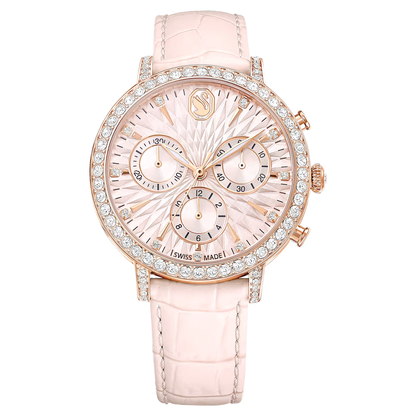 Matrix tennis chrono watch, Swiss Made, Leather strap, Pink, Rose gold-tone finish by SWAROVSKI | SWAROVSKI