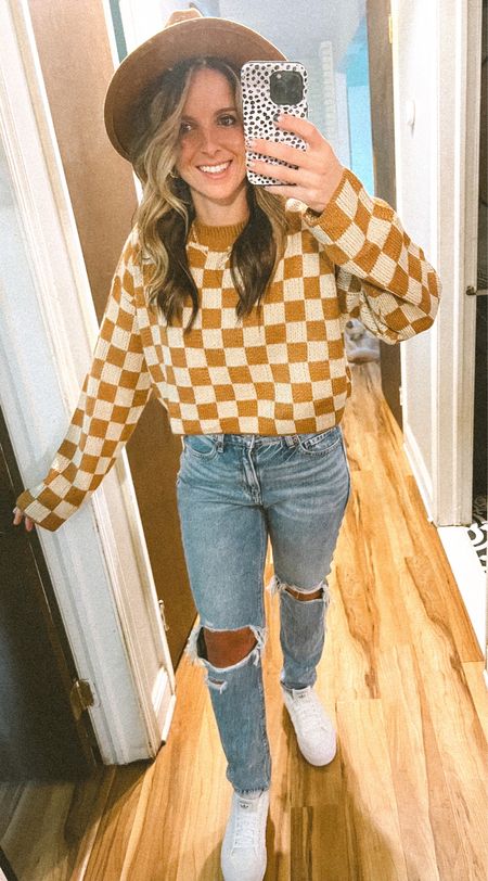 Checkered sweater outfit 

